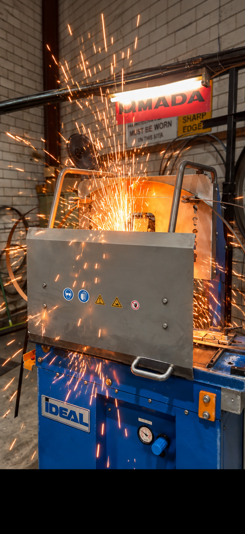 Bandsaw blade being welded to length on an IDEAL butt welder at Superior Saws